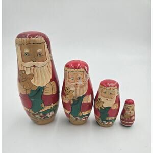 Vtg Russian Santa Claus Nesting Dolls 4 of 5 Christmas Hand-Painted Wooden Set